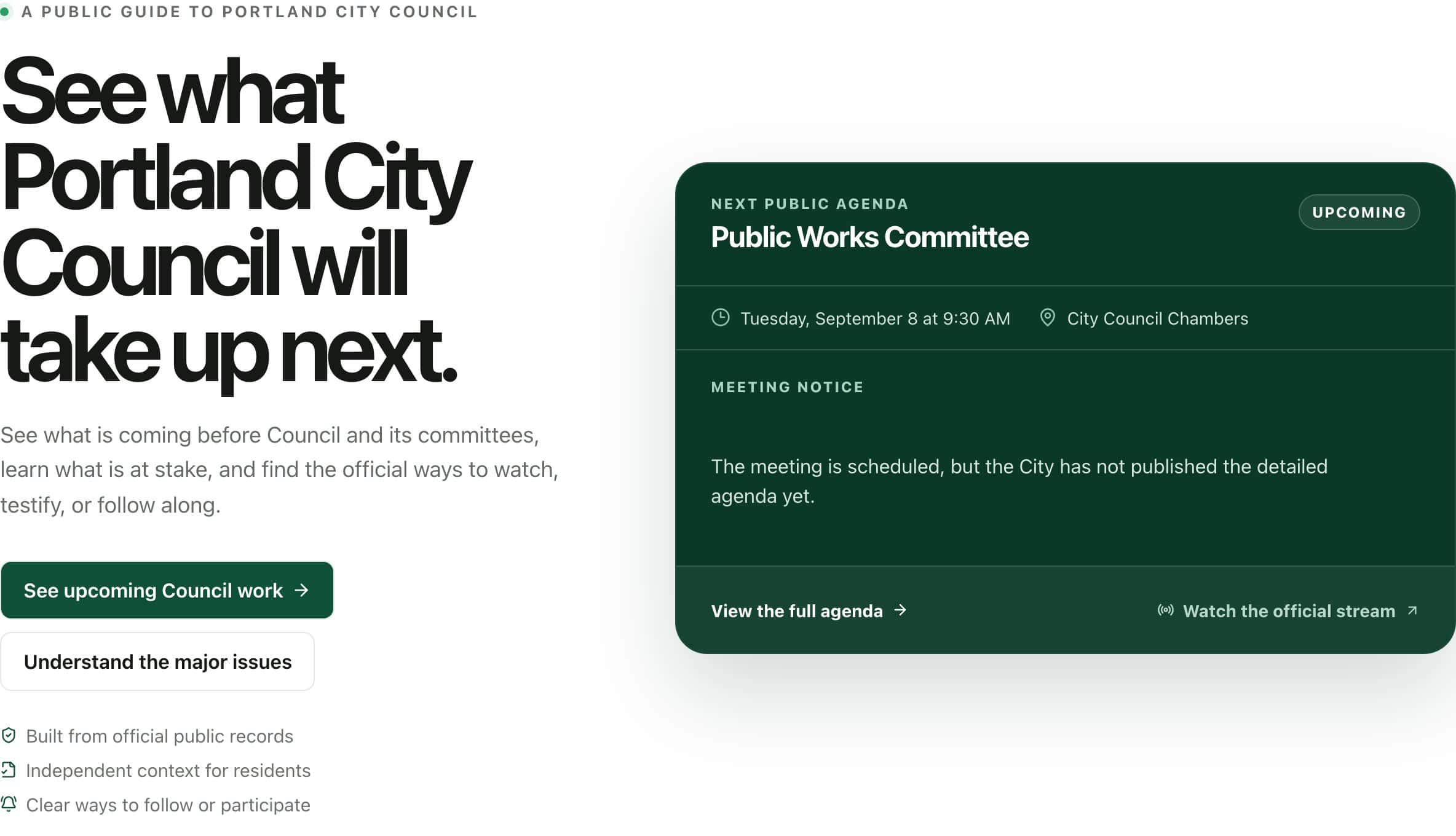 A card showing the next public Council agenda with meeting time, location, and notice status